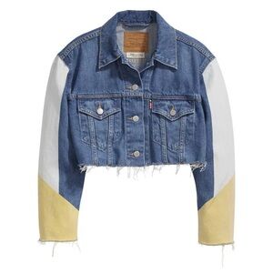 Levi's Cutoff Crop Zip Truckers Denim Jacket with White and Yellow Accents